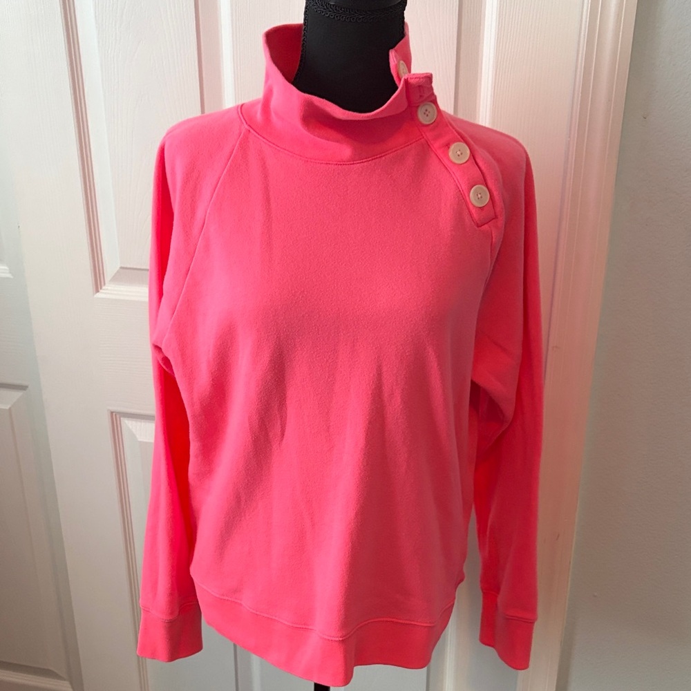 J. Crew Wide Button Collar Pullover Cloudspun Fleece neon pink Medium